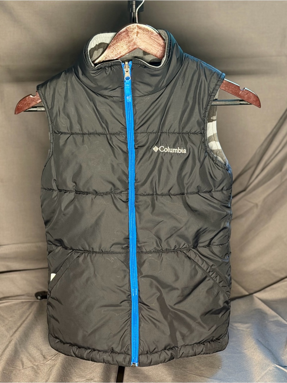 Columbia Kids Reversable Puffer Vest with Bright Blue Zipper